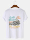 Mens 100% Cotton Letter Car Print Crew Neck Street Short Sleeve T-Shirts - White