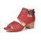 Sandálias femininas elegantes de cor sólida e salto oco com zíper traseiro e saltos de fivela - Vinho vermelho