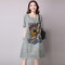 Loose Printed Short-sleeved Cotton And Linen Dress - Gray Green