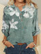 Flower Print Long Sleeve Button Stand Collar Women Blouse - Green