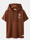 Mens Rose Print Knit Casual Short Sleeve Drawstring Hooded T-Shirts - Brown