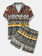 Mens Colorful Tribal Pattern Revere Collar Shirt & Drawstring Shorts Co-ords - Yellow