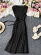 Solid Pleated Sleeveless Crew Neck Casual Dress With Belt - Black