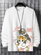 Maglietta da uomo con stampa floreale simpatico gatto Collo T-shirt a maniche lunghe invernali - bianca