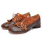 SOCOFY Retro Flowers Leather Splicing Round Comfy Lace-up Horseshoe Flats - Brown