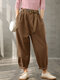 Solid Color Pocket Elastic Waist Long Casual Pants for Women - Brown