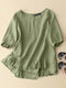 Solide Damen-Bluse mit Rundhalsausschnitt und Rüschensaum aus Baumwolle mit halben Ärmeln - Grün