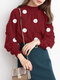 Dot Print Shirred Half-collar Long Sleeve Blouse - Red