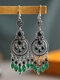 Vintage Bohemian Carved Hollow Round-shaped With Leaf-shaped Tassel Alloy Earrings - Malachite Green