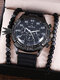 3 Pcs/Set PU Alloy Men Trendy Large Dial Watch Decorated Pointer Quartz Watch Beaded Bracelet Thanksgiving Christmas Gift - Black