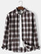 Mens Vintage Plaid Lapel Button Up Casual Long Sleeve Shirts - Coffee