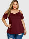 Solid Color Off-shoulder Short Sleeve Plus Size T-shirt for Women - Wine Red
