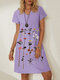 Casual Floral Printed V-neck Short Sleeve Midi Dress - Purple