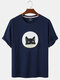 Mens Cartoon Black Cat Print Loose Light Daily Round Neck T-Shirts - Navy