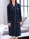 Plus Size Women V-Neck Long Sleeve Double Pockets Belted Robes With Contrast Binding - Blue