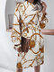 Chain Print Long Sleeve Stand Collar Dress With Belt - Apricot