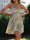 Tiered Floral Print Tie Strap Open Back Sexy Mini Dress - Yellow