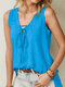 Solid Color Knotted Sleeveless V-neck Tank Top For Women - Blue