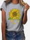 Sunflower Print Short Sleeve Casual O-neck T-shirt - Grey
