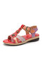 Socofy Genuine Leather Comfy Summer Vacation Bohemian Ethnic Floral Print Hook & Loop T-Strap Sandals - Red