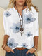 Flower Print 3/4 Length Sleeve Stand Collar Button Women Blouse - White