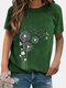 Crew Neck Casual Flower Print Short Sleeve T-shirt For Women - Green