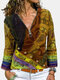 Ethnic Rainbow Printed Long Sleeve V-neck Zipper T-Shirt For Women - Yellow