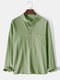 Mens Solid Color Stand Collar Cotton Long Sleeve Henley Shirts With Pocket - Green