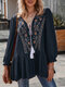 Vintage Ethnic Embroidery V-neck Lace Up Cotton Pleated Blouse - Navy