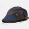 COLLROWN Men Knit Leather Patchwork Color Casual Personality Forward Hat Beret Hat - Blue