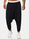Mens Cotton Linen Solid Color Seam Detail Casual Baggy Pants - Black