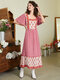 Bohemian Floral Print Square Collar Short Sleeve Maxi Dress - Pink