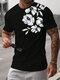 Mens Chinese Style Floral Print Crew Neck Short Sleeve T-Shirts Winter - Black