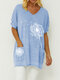 Flower Printed Short Sleeve V-neck T-shirt For Women - Blue