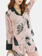 Women Lily Print Contrast Color Loose Lapel Collar Long Sleeve Loose Pajamas Set - Pink