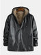 Mens Motorcycle Leather Jackets Fleece Lined Warm Thicken Hooded Coats - Black