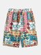 Men Stylish Ethnic Graphic Knee Length Quick Dry Wide Legged Board Shorts - Pink