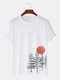 Mens Forest & Sun Landscape Print 100% Cotton Short Sleeve T-Shirts - White