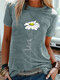 Simple Flower Embroidery Short Sleeve Casual T-shirt - Blue