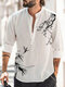 Mens Chinese Floral Bamboo Ink Print Half Button Henley Shirts - White