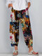 Patchwork Printed Elastic Waist Casual Pants For Women - Yellow