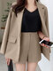 Women Solid Lapel Casual Blazer Co-ords With Shorts - Khaki