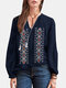 Casual Ethnic Pattern Embroidered V-neck Drawstring Blouse - Navy