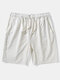 Mens Cotton Linen Solid Color Basics Mid Length Drawstring Shorts - White