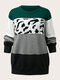 Plus Size Cow Print O-neck Patchwork Casual Sweater - Green