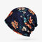 Women Cotton Thin Soft Flower Print Beanie Hat Outdoor Casual Windproof Hat - Navy