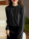Solid Long Sleeve Ruffle Trim Stand Collar Blouse - Black