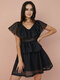 Plaid Pattern Tiered Ruffle Sleeve V-neck Mini Dress - Black