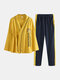 Women Pajamas Long Sets Cotton Letters Print Kimonos Casual Sleepwear - Yellow