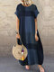 Kurzärmlige Taschen mit Rundhalsausschnitt und Karomuster Kleid - Blau